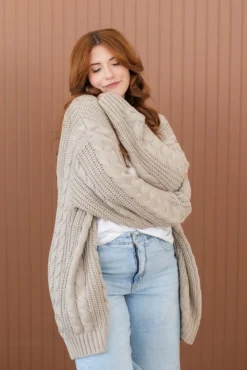 Cable Knit Adult Cardigan in Almond