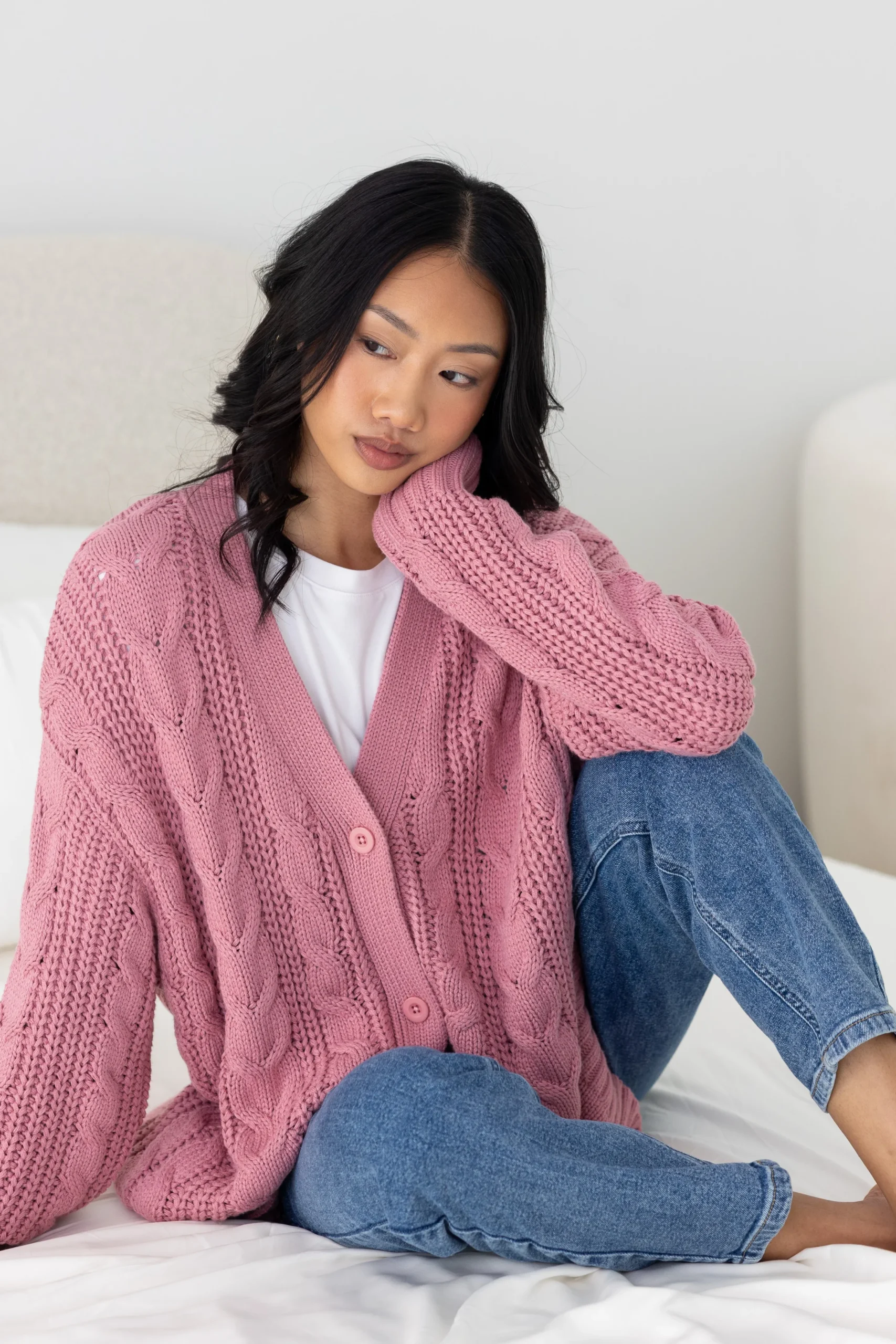 Cable Knit Adult Cardigan in Apple Blossom