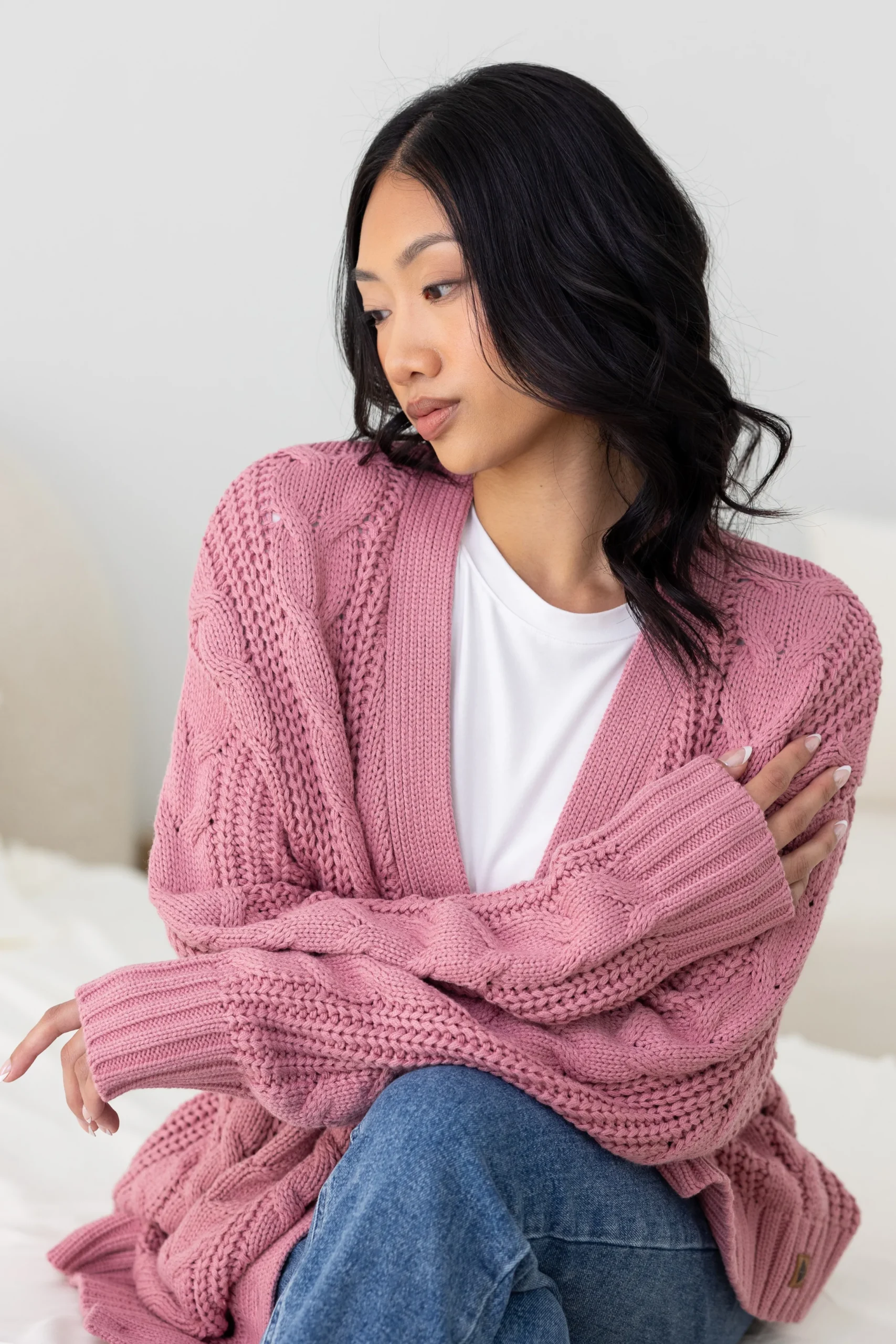 Cable Knit Adult Cardigan in Apple Blossom