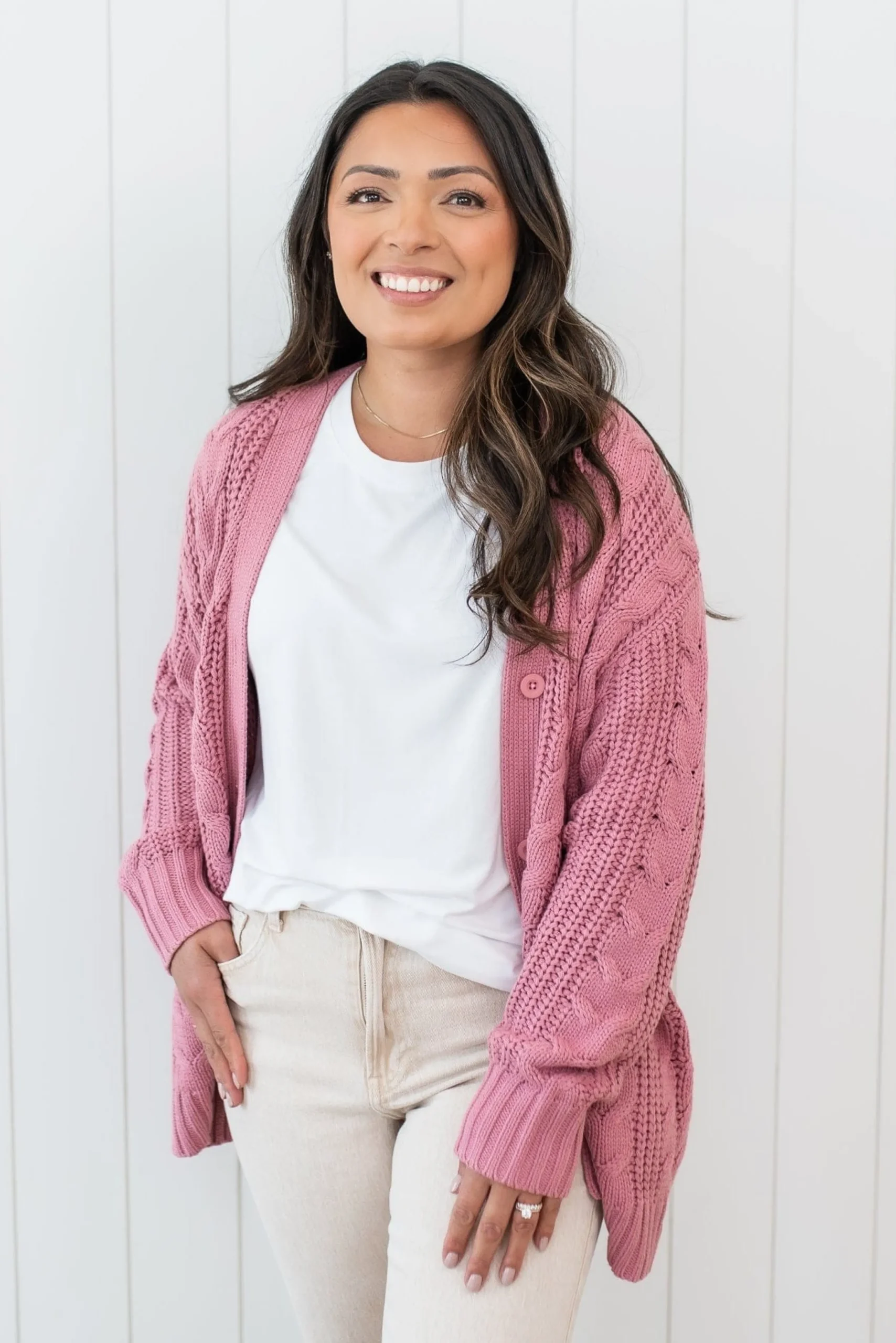 Cable Knit Adult Cardigan in Apple Blossom