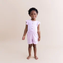 Flutter Sleeve Romper in Gingham Thistle