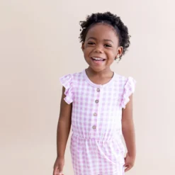 Flutter Sleeve Romper in Gingham Thistle