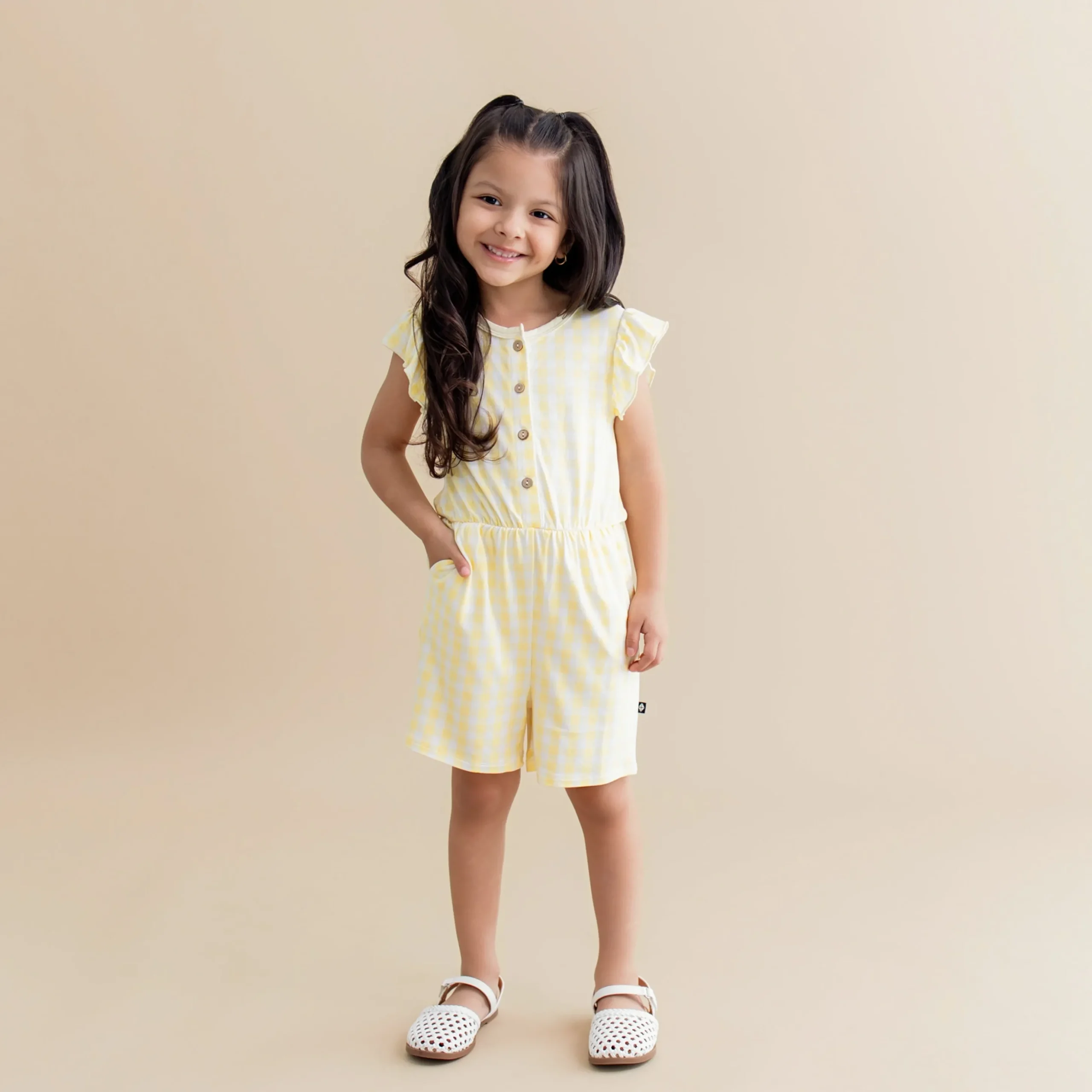 Flutter Sleeve Romper in Gingham Chamomile