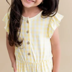 Flutter Sleeve Romper in Gingham Chamomile