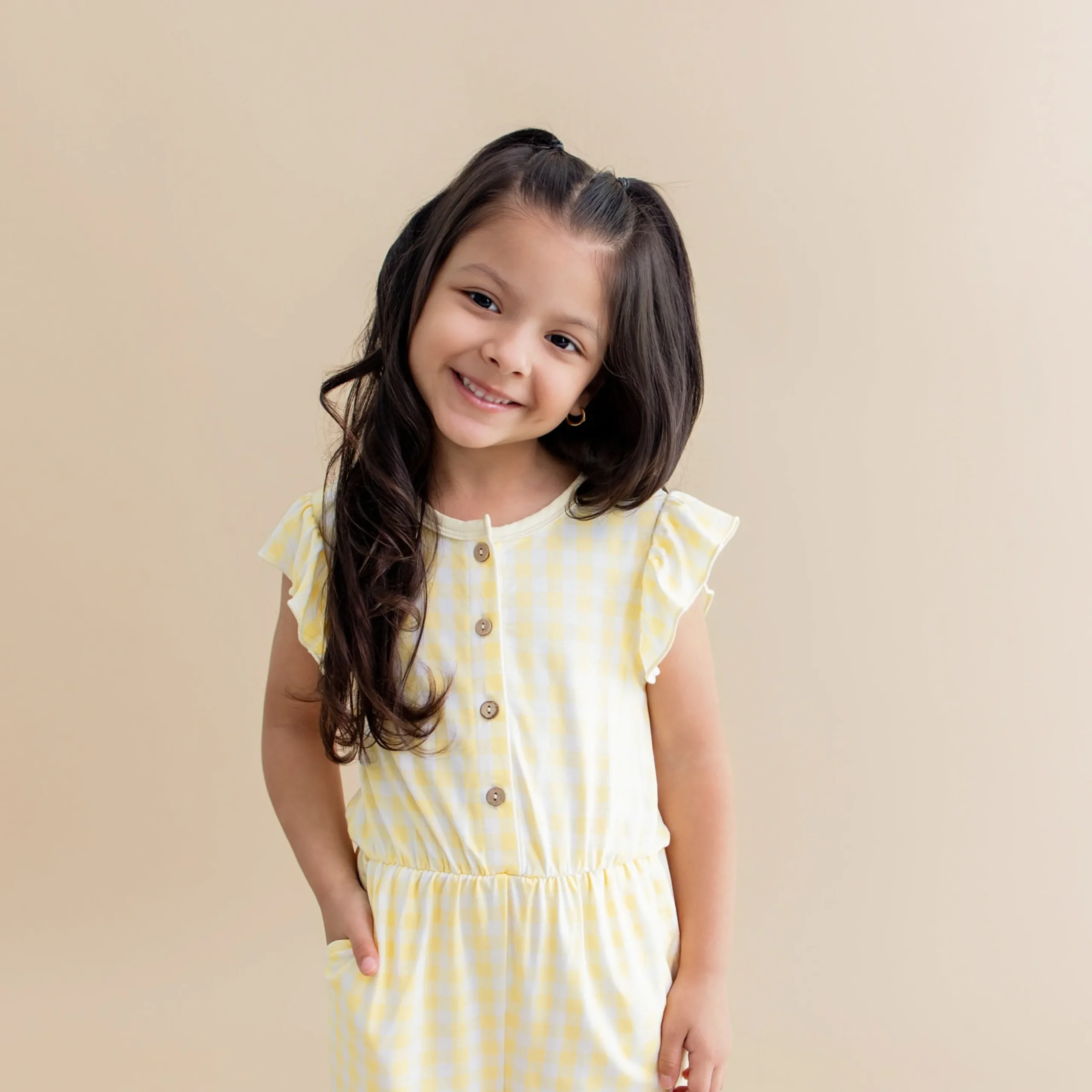 Flutter Sleeve Romper in Gingham Chamomile