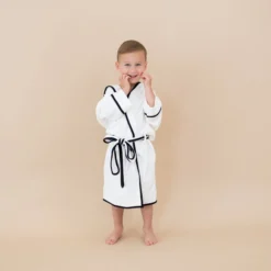 Hooded Bath Robe in Cloud with Midnight Trim