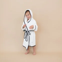 Hooded Bath Robe in Cloud with Midnight Trim