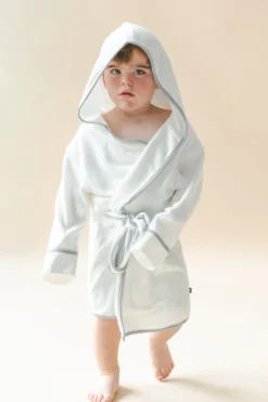 Hooded Bath Robe in Cloud with Storm Trim