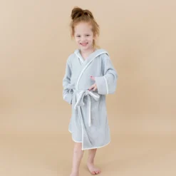 Hooded Bath Robe in Storm with Cloud Trim