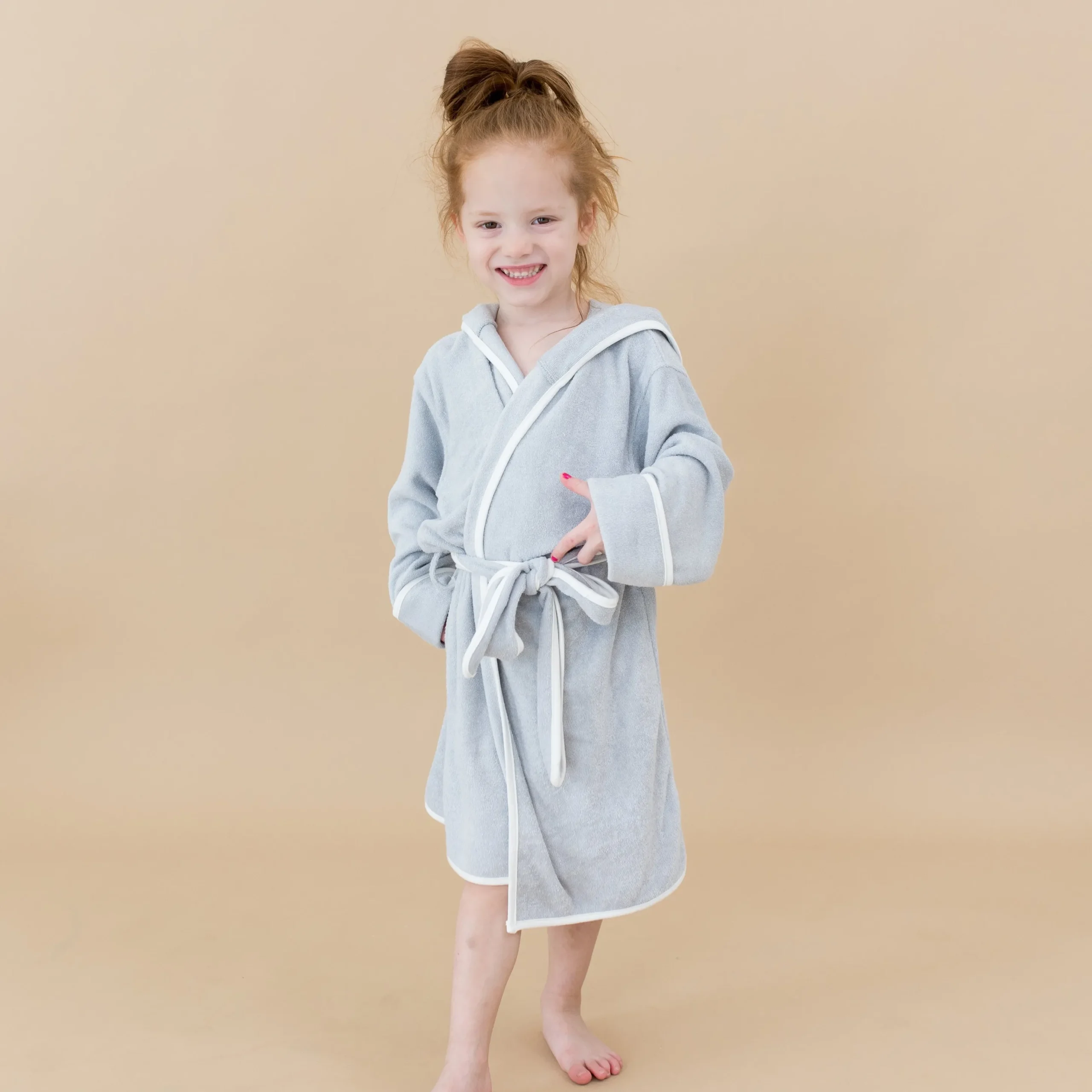 Hooded Bath Robe in Storm with Cloud Trim