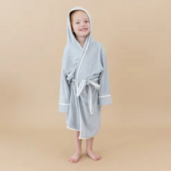 Hooded Bath Robe in Storm with Cloud Trim