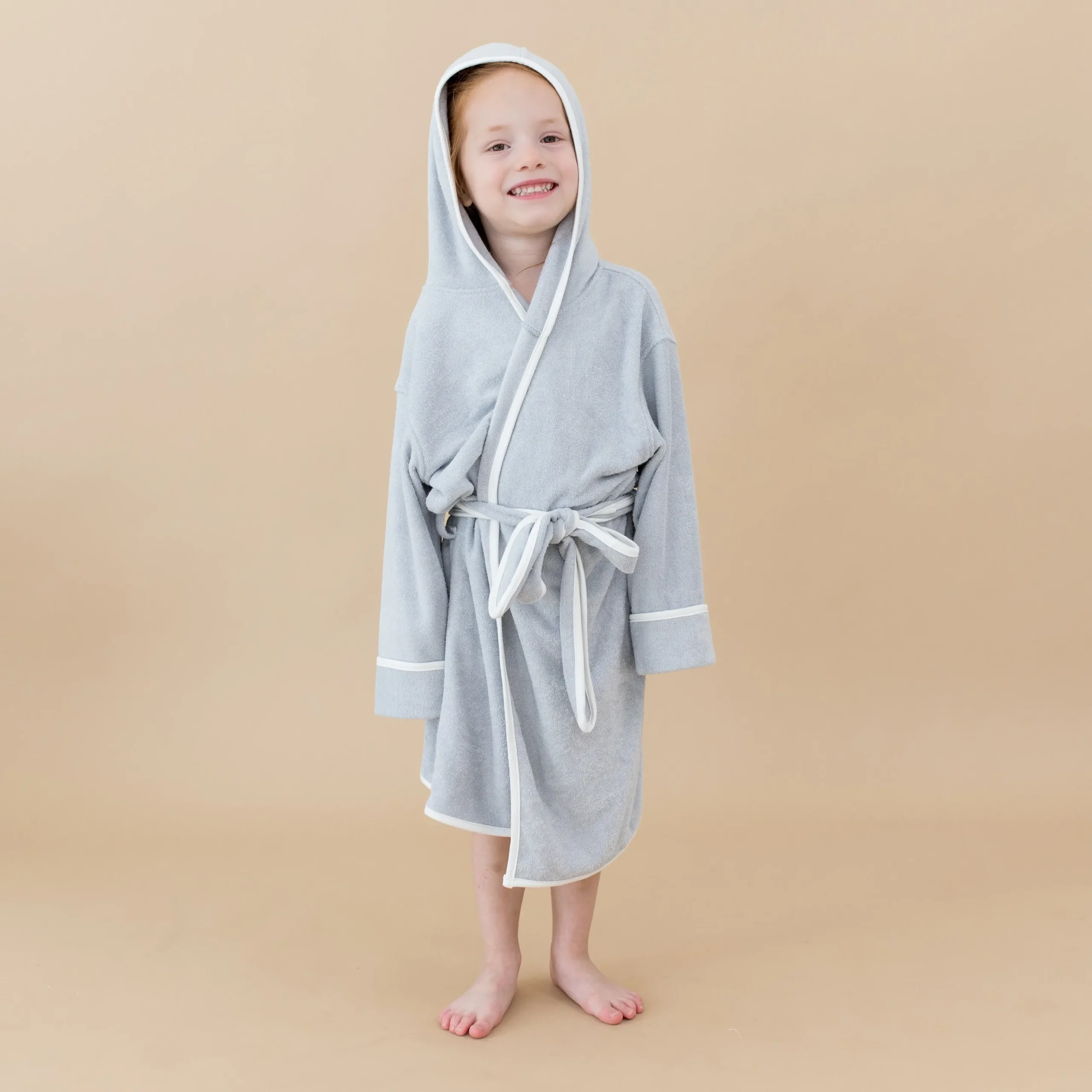Hooded Bath Robe in Storm with Cloud Trim