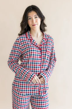 Long-Sleeved Women's Pajama Set in Patriotic Gingham