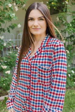 Long-Sleeved Women's Pajama Set in Patriotic Gingham