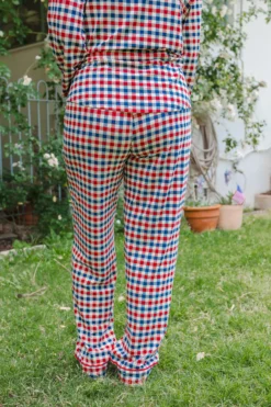 Long-Sleeved Women's Pajama Set in Patriotic Gingham