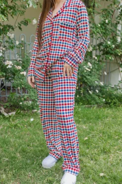 Long-Sleeved Women's Pajama Set in Patriotic Gingham