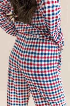 Long-Sleeved Women's Pajama Set in Patriotic Gingham