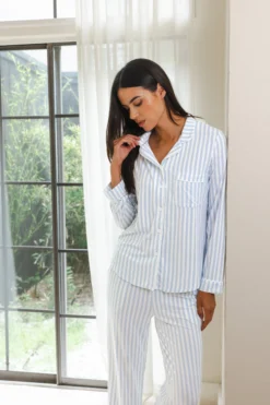 Long-Sleeved Women's Pajama Set in Small Mist Stripe with Cloud Trim