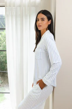 Long-Sleeved Women's Pajama Set in Small Mist Stripe with Cloud Trim