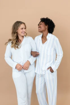 Long-Sleeved Women's Pajama Set in Small Mist Stripe with Cloud Trim