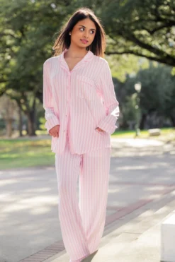 Long-Sleeved Women's Pajama Set in Small Sakura Stripe