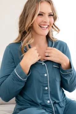 Long-Sleeved Women's Pajama Set in Atlantic with Cloud Trim