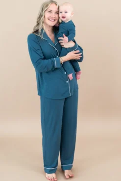Long-Sleeved Women's Pajama Set in Atlantic with Cloud Trim