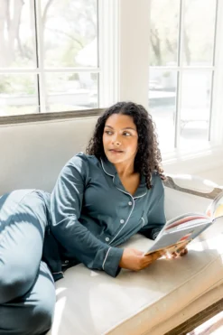 Long-Sleeved Women's Pajama Set in Atlantic with Cloud Trim