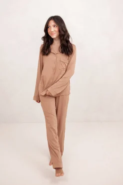 Long-Sleeved Women's Pajama Set in Latte with Latte Trim