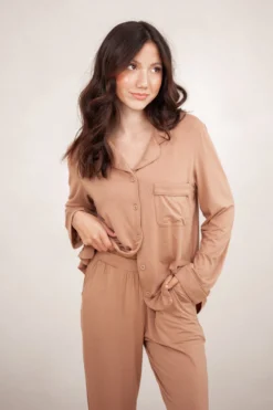 Long-Sleeved Women's Pajama Set in Latte with Latte Trim