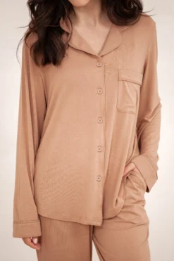 Long-Sleeved Women's Pajama Set in Latte with Latte Trim