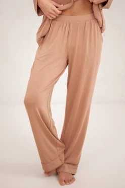 Long-Sleeved Women's Pajama Set in Latte with Latte Trim
