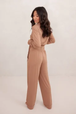 Long-Sleeved Women's Pajama Set in Latte with Latte Trim