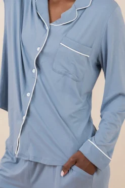 Long-Sleeved Women's Pajama Set in Slate with Cloud Trim