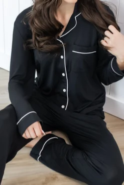 Long-Sleeved Women's Pajama Set in Midnight with Cloud Trim