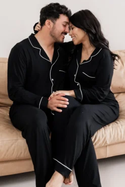 Long-Sleeved Women's Pajama Set in Midnight with Cloud Trim