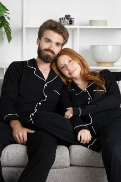 Long-Sleeved Women's Pajama Set in Midnight with Cloud Trim