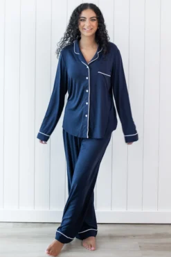 Long-Sleeved Women's Pajama Set in Navy with Cloud Trim