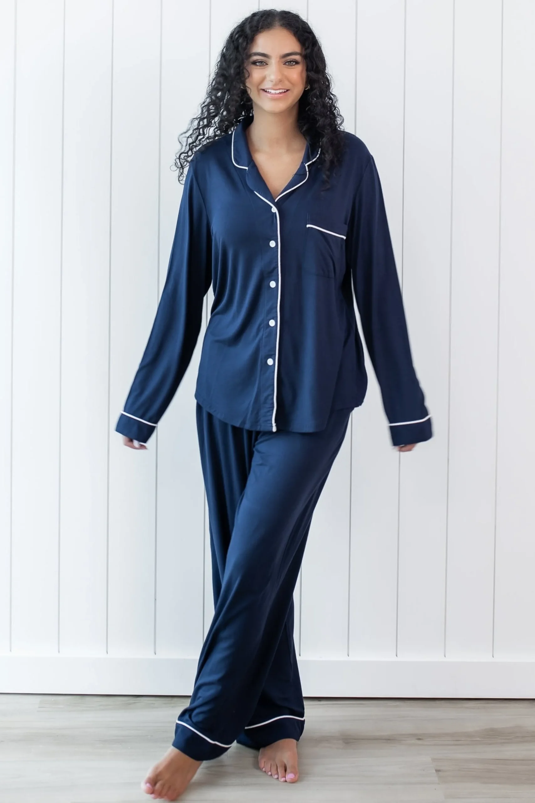 Long-Sleeved Women's Pajama Set in Navy with Cloud Trim