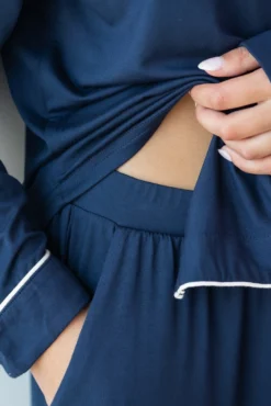 Long-Sleeved Women's Pajama Set in Navy with Cloud Trim