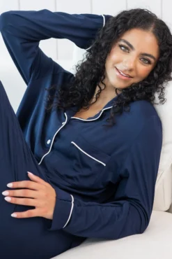 Long-Sleeved Women's Pajama Set in Navy with Cloud Trim
