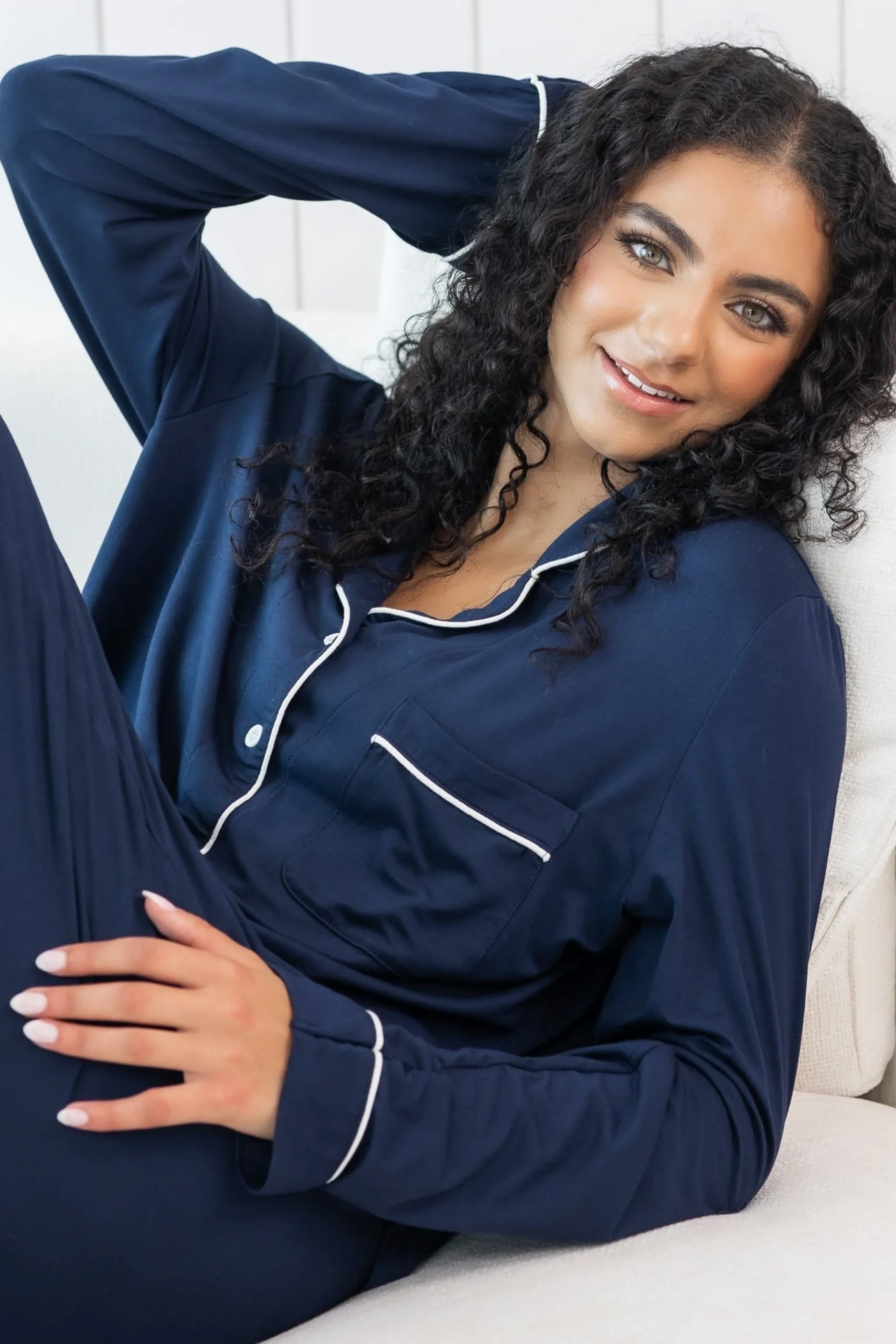 Long-Sleeved Women's Pajama Set in Navy with Cloud Trim