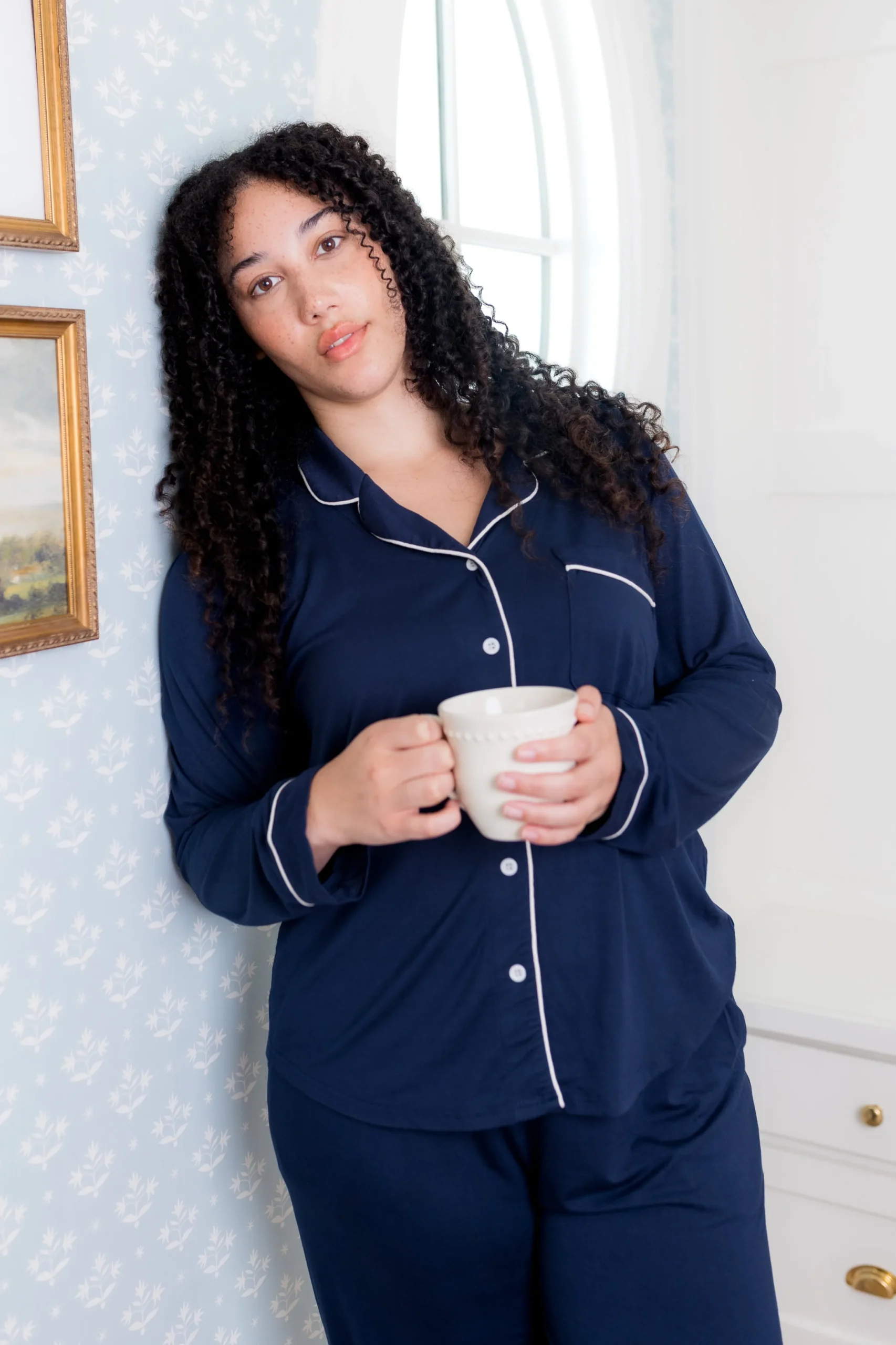 Long-Sleeved Women's Pajama Set in Navy with Cloud Trim