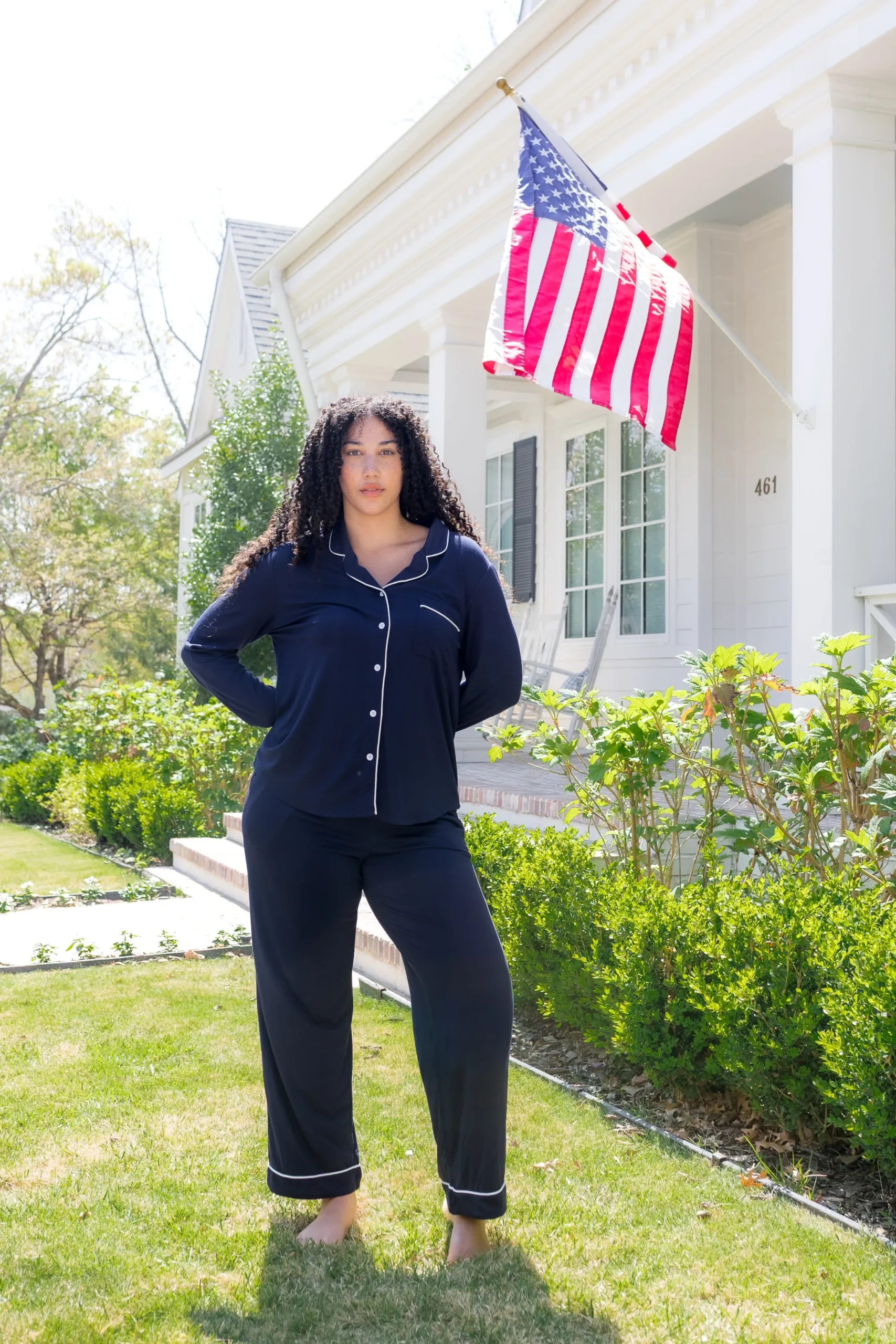 Long-Sleeved Women's Pajama Set in Navy with Cloud Trim
