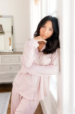 Long-Sleeved Women's Pajama Set in Blush with Cloud Trim