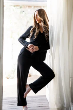Long-Sleeved Women's Pajama Set in Midnight with Midnight Trim