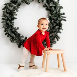 Long Sleeve Twirl Bodysuit Dress in Cardinal