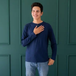 Men's Long Sleeve Henley Top in Navy
