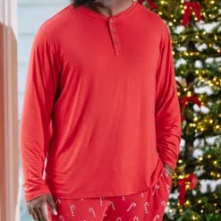 Men's Long Sleeve Henley Top in Cardinal