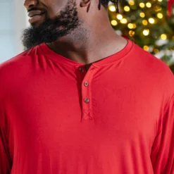 Men's Long Sleeve Henley Top in Cardinal